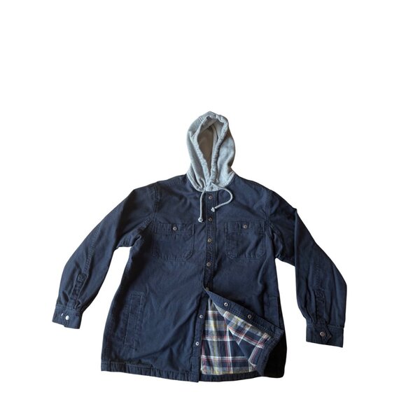 Duluth Flannel Lined Canvas Jacket Adult Dark Blue Hooded Heavy Workwear Button - Picture 1 of 6
